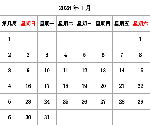 2028年台历 无农历，有周数，周日开始